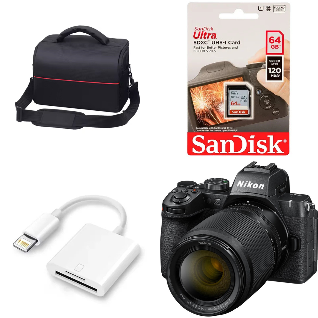 ערכת 50-250 + 16-50 NIKON Z50 Mark II עם כרטיס SD 64GB קורא כרטיס Lightning ותיק