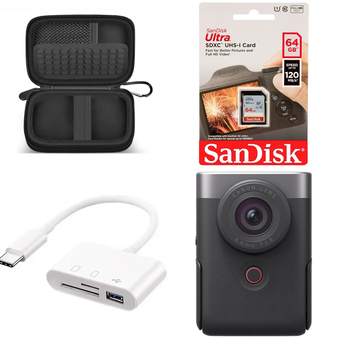 ערכת CANON V10 Advanced Vlogging כסף עם כרטיס SD 64GB, קורא כרטיס USB-C ותיק