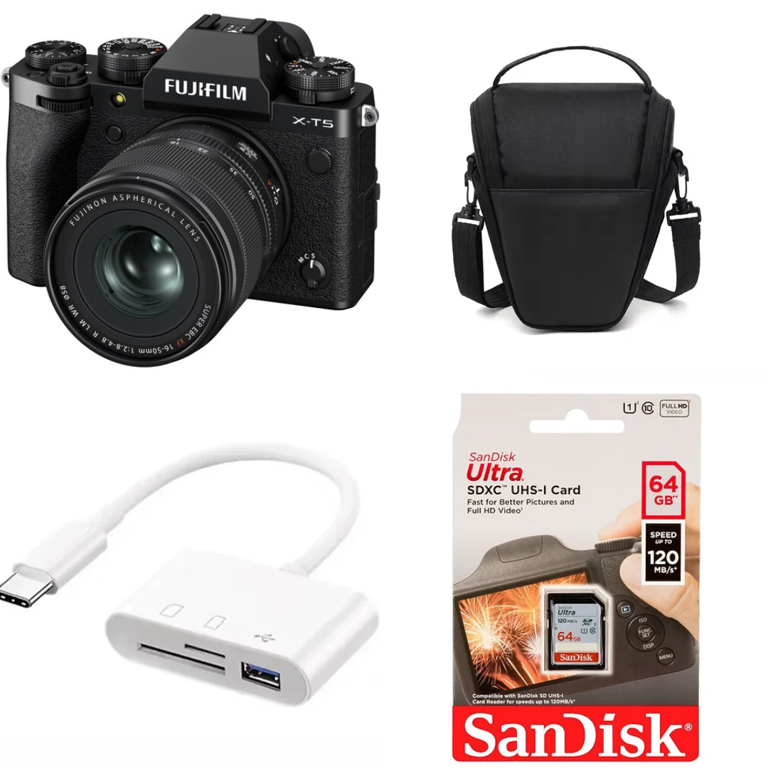 ערכת FUJIFILM X-T5 16-50 בשחור עם כרטיס SD 64GB, קורא כרטיס USB-C ותיק צד