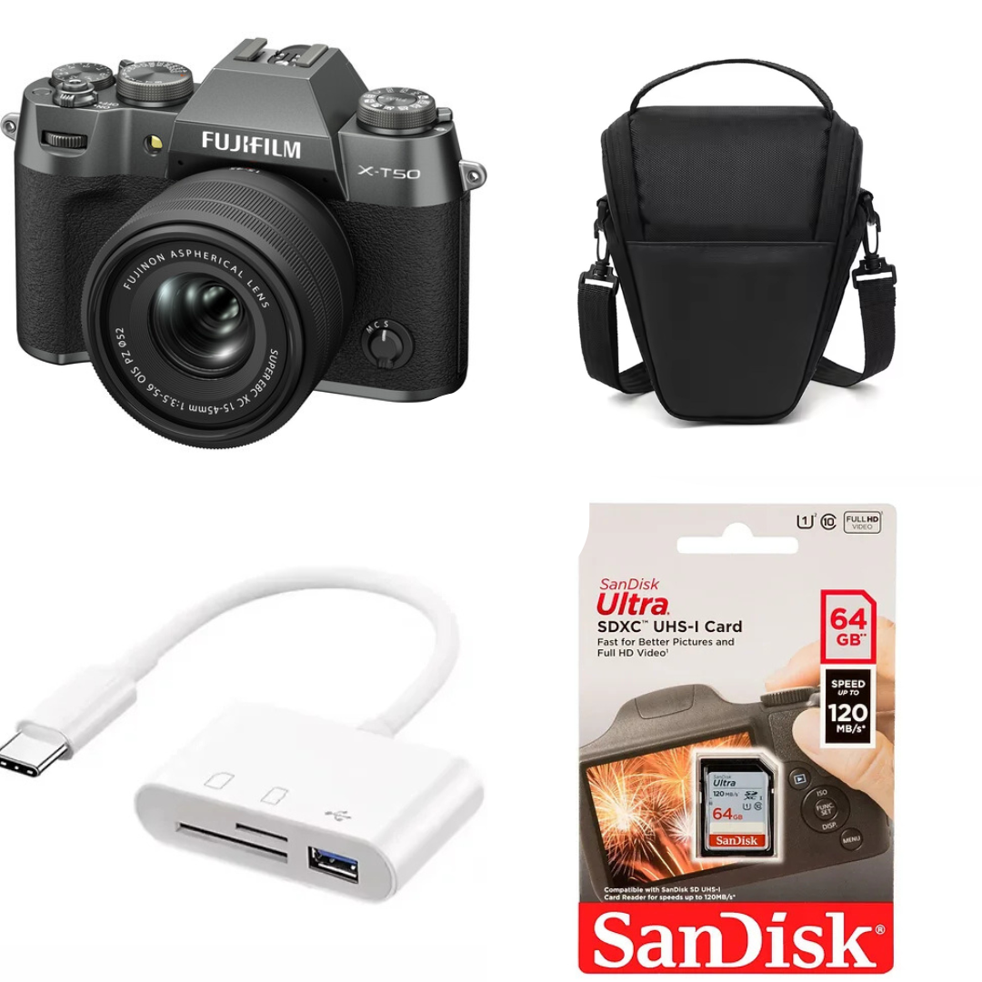 ערכת FUJIFILM X-T50 15-45 באפור עם כרטיס SD 64GB, קורא כרטיס USB-C ותיק צד