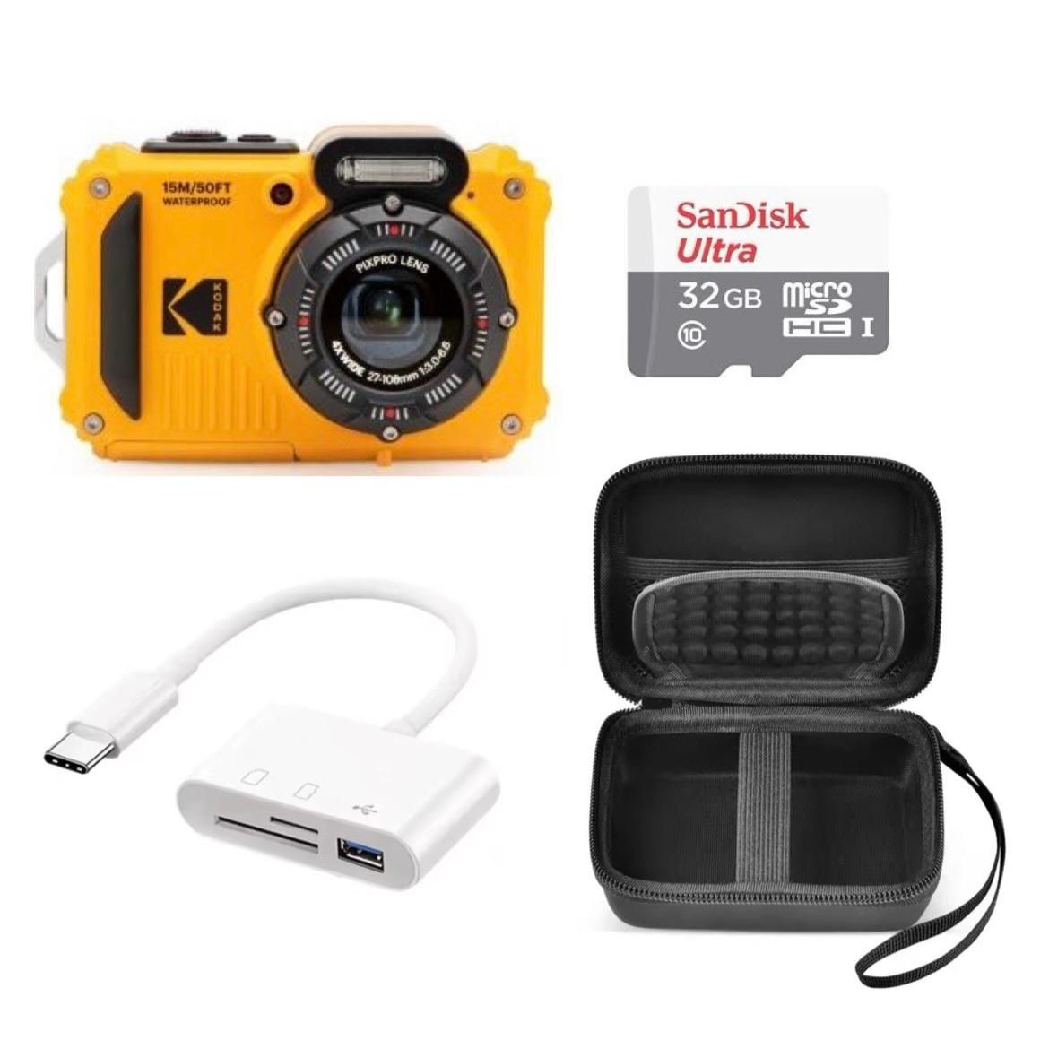 ערכת Kodak PixPro WPZ2 צהוב, כרטיס MicroSD 32GB, קורא כרטיס USB-C ותיק קשיח