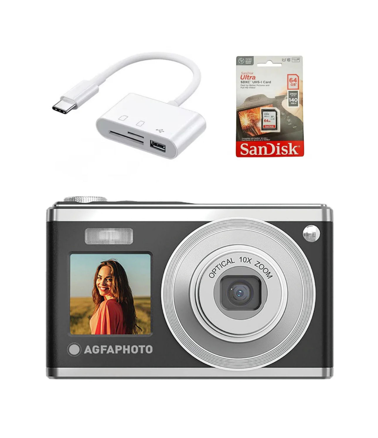 ערכת AGFA DC9200 Dual Screen שחור, כרטיס SD 64GB וקורא כרטיס USB-C