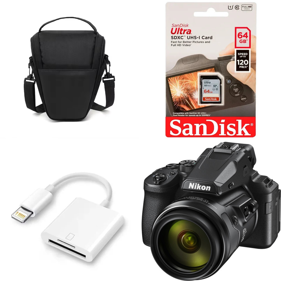 ערכת NIKON Coolpix P950 בשחור עם כרטיס SD 64GB, קורא כרטיס Lightning ותיק צד