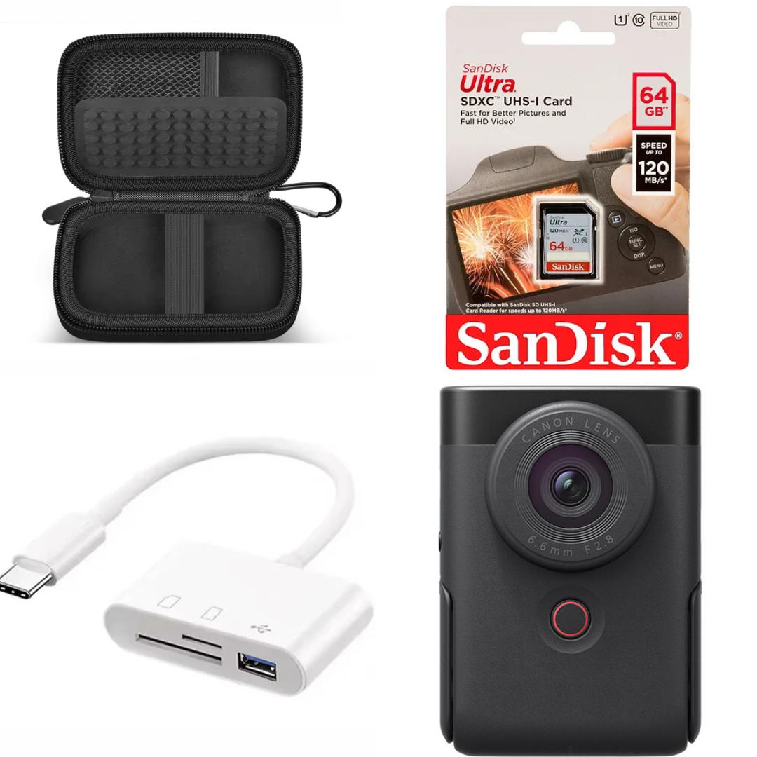 ערכת CANON V10 Advanced Vlogging שחור עם כרטיס SD 64GB, קורא כרטיס USB-C ותיק