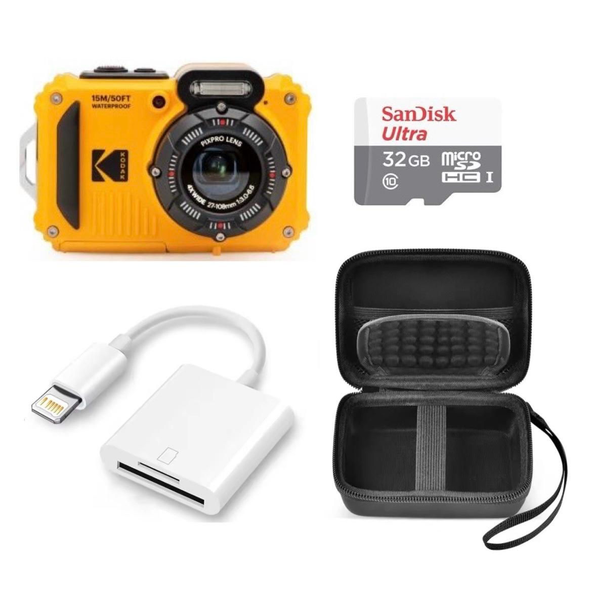 ערכת Kodak PixPro WPZ2 צהוב, כרטיס MicroSD 32GB, קורא כרטיס Lightning ותיק קשיח