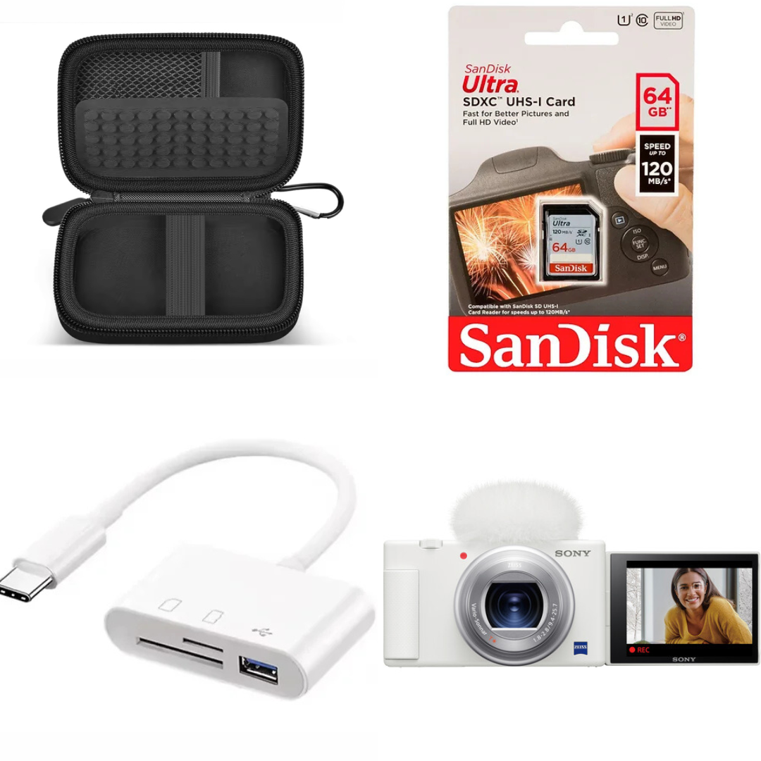 ערכת SONY ZV-1 בלבן עם כרטיס SD 64GB, קורא כרטיס USB-C ותיק