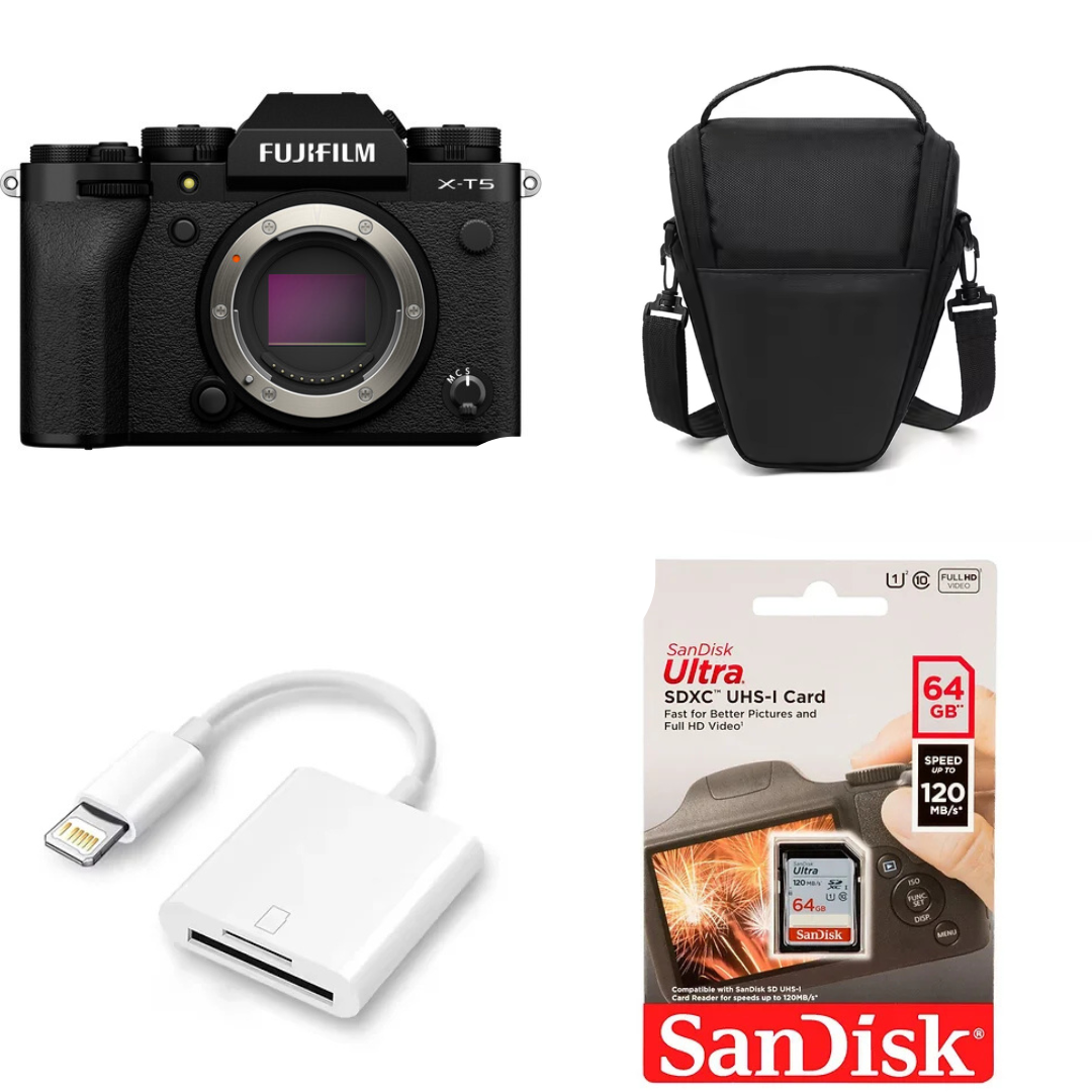 ערכת FUJIFILM X-T5 בשחור עם כרטיס SD 64GB, קורא כרטיס Lightning ותיק צד