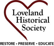 Loveland Historical Society (LHS) Logo, society name contained within a 3/4 red heart above "restore - preserve - educate"