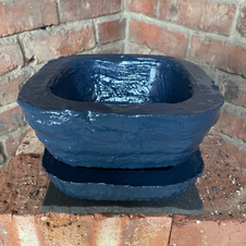 Midnight Blue Coloured Small Square Bowl-Shaped Plant Pot & Tray Combo