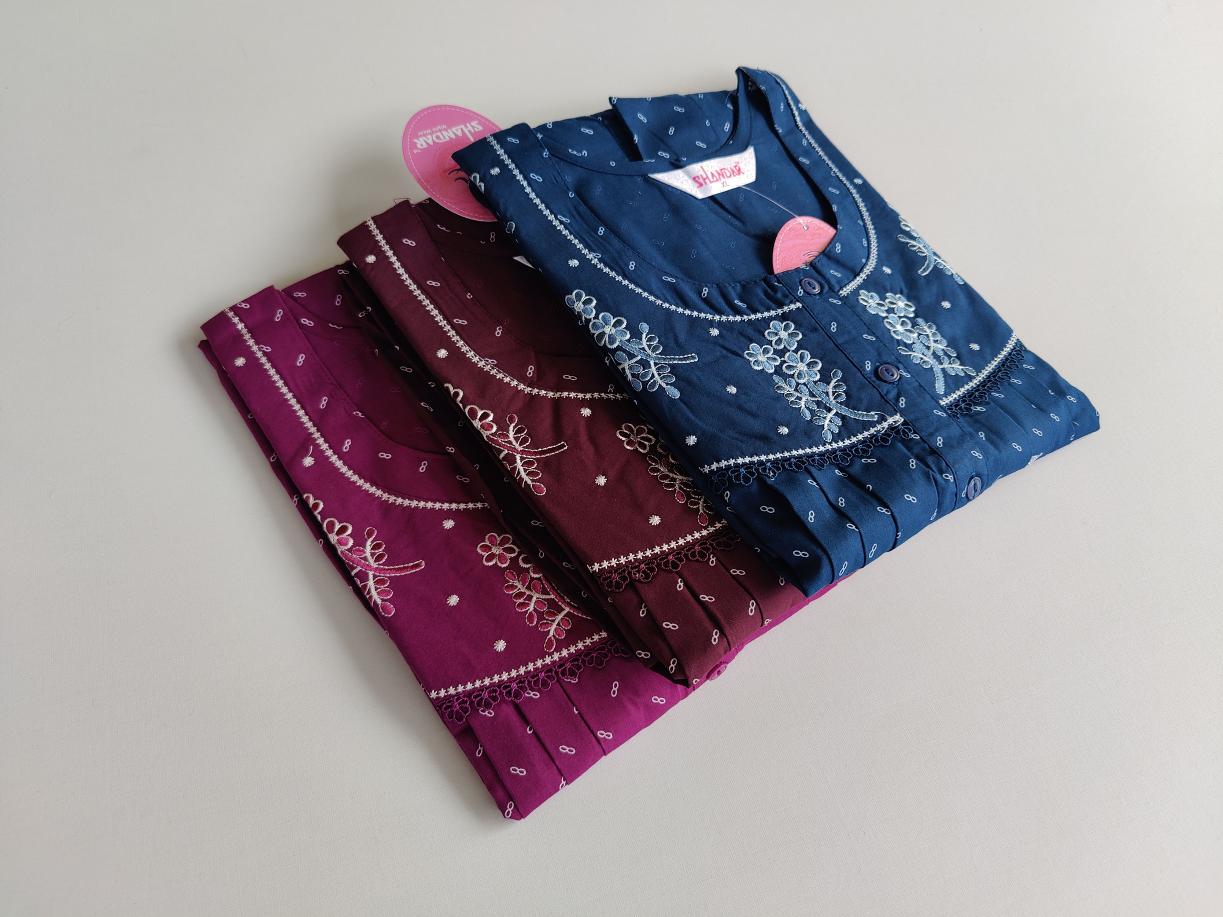 SH0055.Cotton Crush Embroidery Nighty with pocket