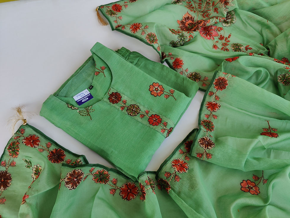 Thumbnail: KU674.Kantha Work Soft Chanderi Silk Kurta Set