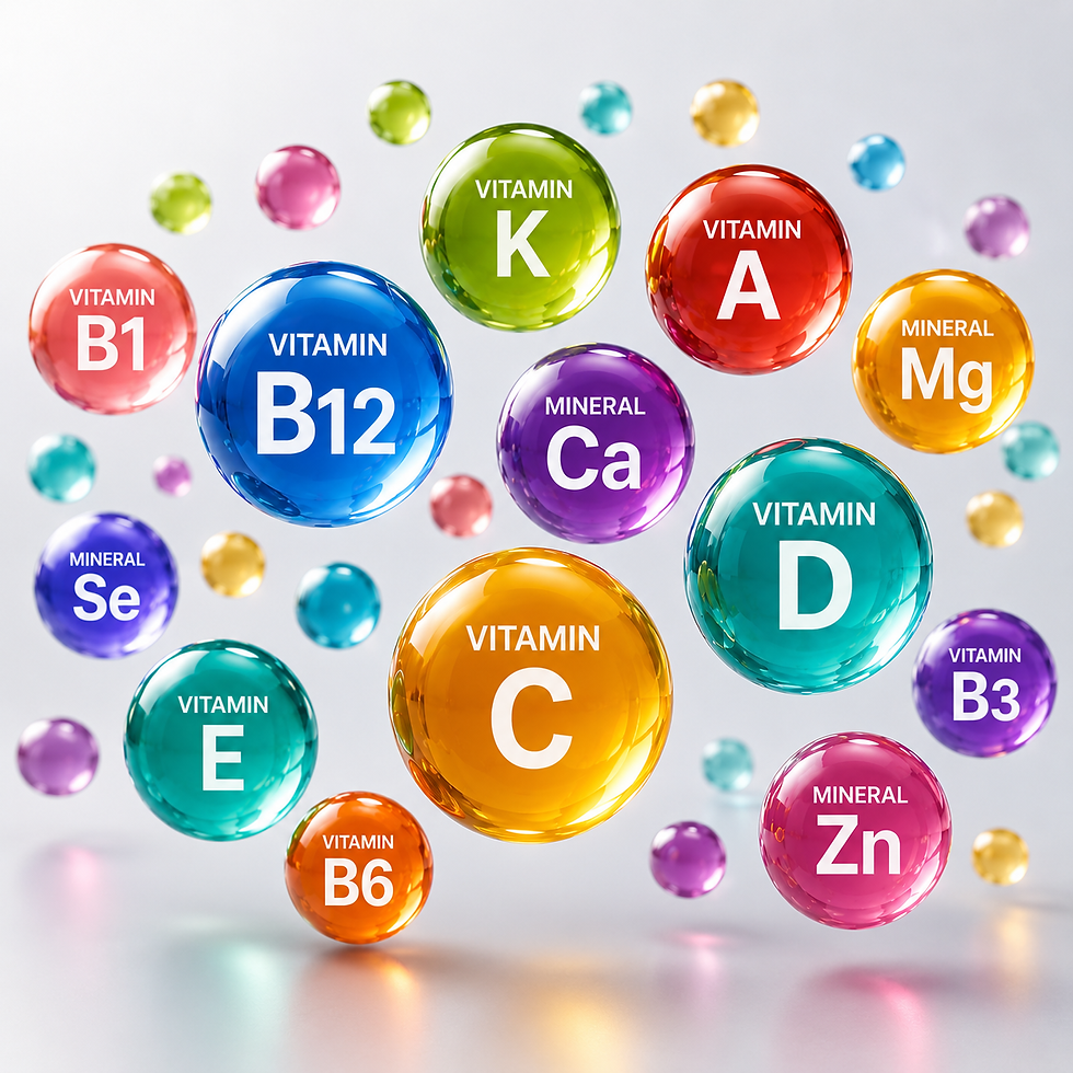 Colorful vitamin and mineral balls for cellular nutrition.
