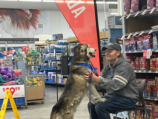 A large dog named Zephyr stands on his hind legs with his front paws on his foster dad's lap during a MARS adoption event at PetSmart. A red adoption banner stands in the background.