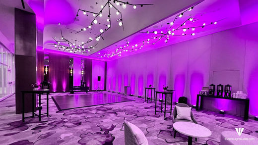Pink Uplighting in contrast with chandeliers in a ball room at Marriott Bethesda Downtown