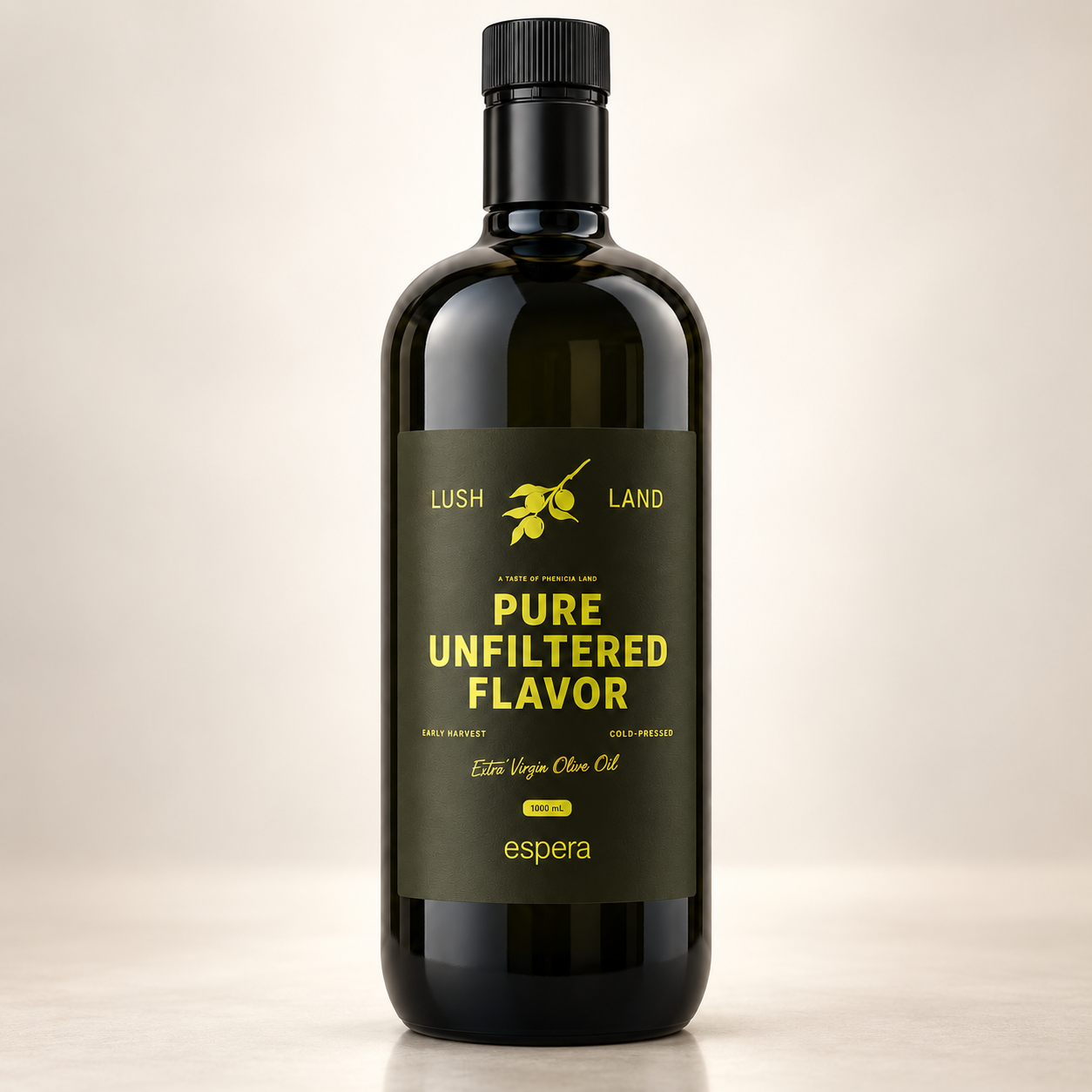 1000 ml bottle of Espera extra virgin olive oil with dark label on a soft beige studio background