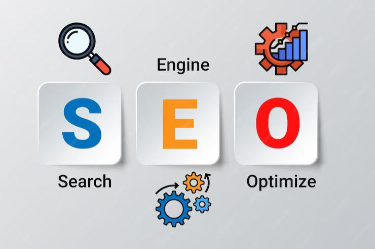 SEO graphic with letters S, E, O in blue, orange, red on gray. Text below: Search, Engine, Optimize. Icons: magnifying glass, gears.