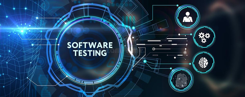 Futuristic interface showing "Software Testing" in a blue circular design, with icons of a person, gears, a brain, and a fingerprint.