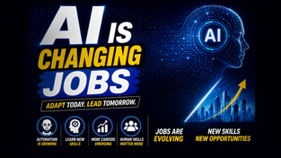 AI-themed graphic with text AI is Changing Jobs. Blue digital profile with cityscape, upward arrow. Captions: Adapt Today, Lead Tomorrow.