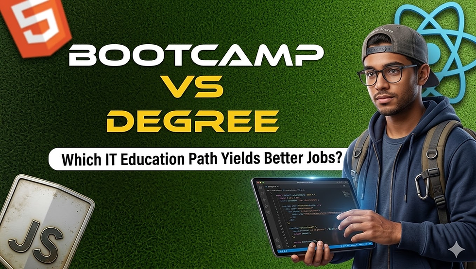 Young man with glasses and backpack holding a laptop on green background with tech logos. Text: "Bootcamp vs Degree: Which IT Education Path Yields Better Jobs?"