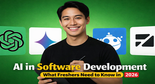 Smiling person holding a tablet pen against a green background with AI logos. Text: "AI in Software Development: What Freshers Need to Know in 2026."