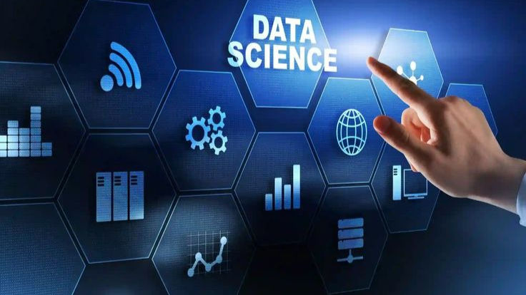 A hand points at "Data Science" on a digital interface with hexagonal icons like Wi-Fi and graphs on a blue background.
