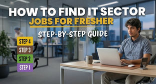 Man working on laptop in modern office; text: How to Find IT Sector Jobs for Fresher. Step-by-step guide with highlighted steps.