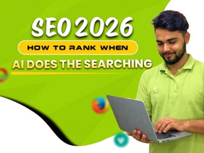 Man in green shirt using a laptop, smiling. Text: "SEO 2026: How to Rank When AI Does the Searching." Bright green background, digital icons.