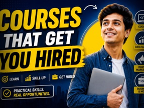 Smiling person holds a laptop against a yellow and blue backdrop. Text reads "Courses That Get You Hired" with icons for coding, data science.