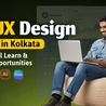 Man in denim using laptop on beanbag. Text: "UI/UX Design Course in Kolkata. What You’ll Learn & Career Opportunities." Background shows charts.