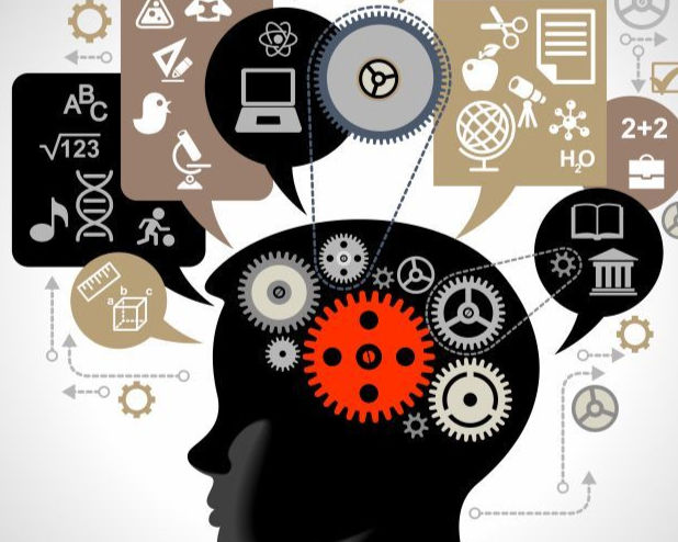 Silhouette of a head filled with gears and icons of science, technology, and education. Symbols include a DNA strand and a computer.