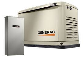 Generac generator next to a Automatic transfer switch. The generator has vents and the logo. White background; no visible emotions.