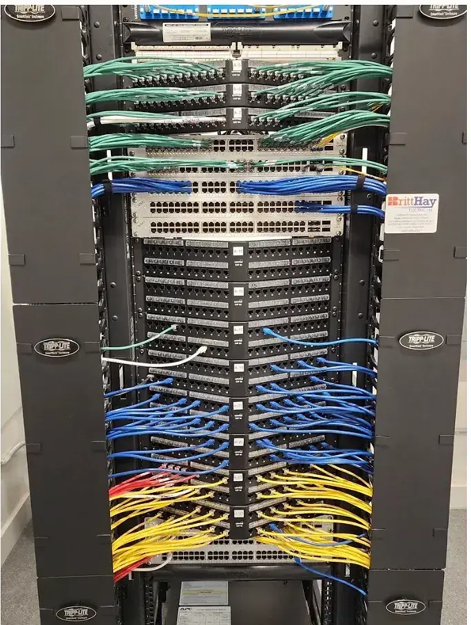 Organized network rack, fiber optic installation