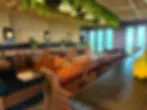 Restaurant interior with wooden and leather seating, hanging plants.