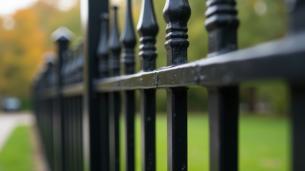 Close-up view of powder-coated black steel fence panel