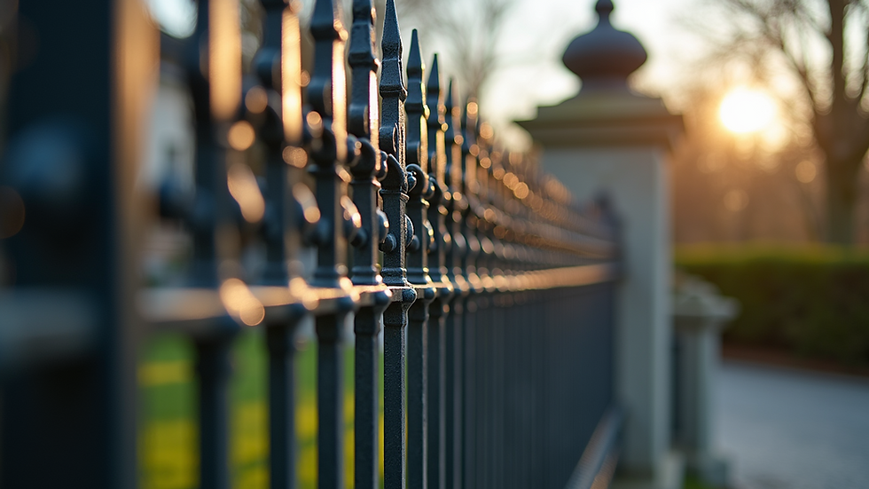 Eye-level view of ornamental iron fence with decorative details