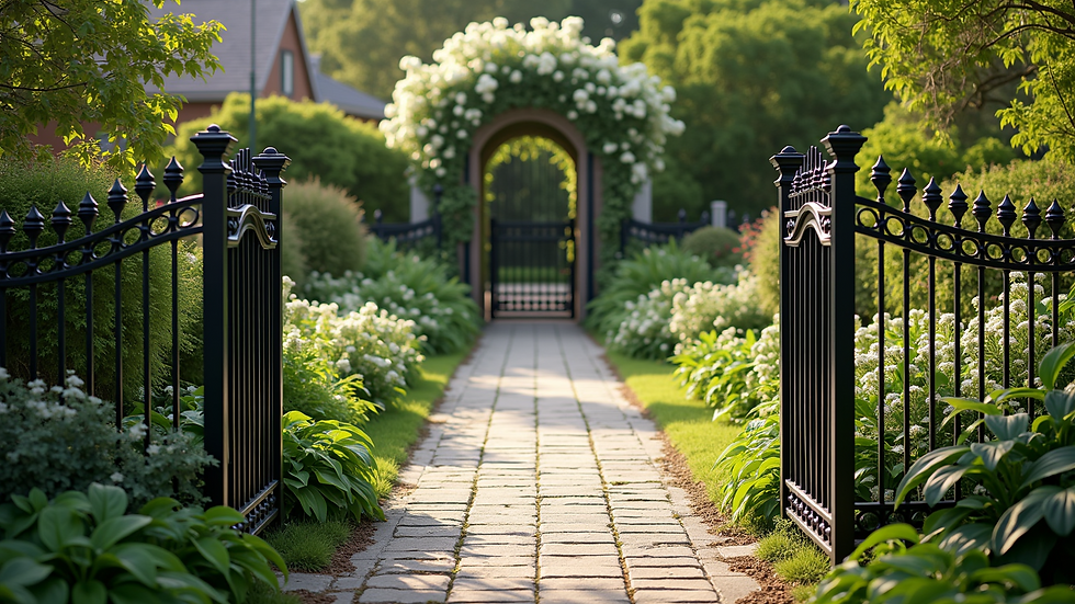 High angle view of ornamental fence surrounding a residential garden