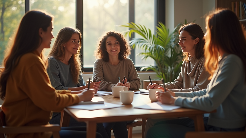 Eye-level view of a cozy support group meeting in a serene environment