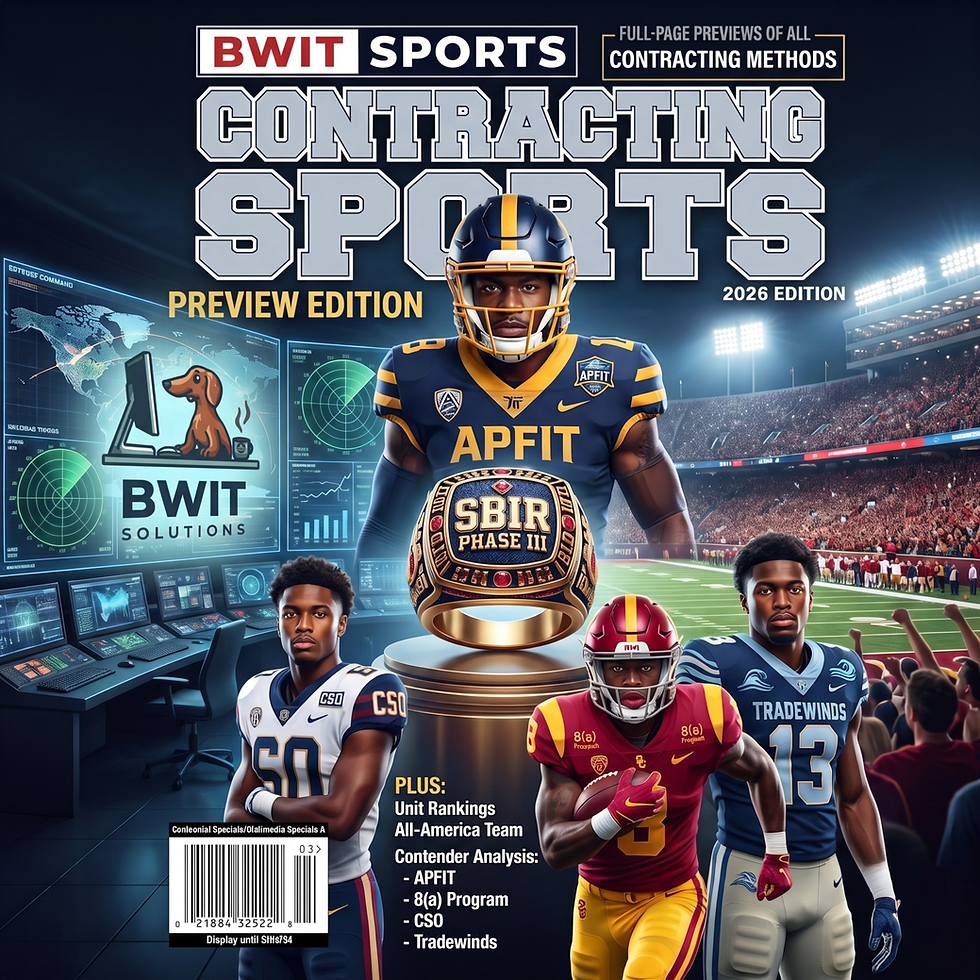 BWIT Sports 2026 Rapid Acquisition Top 25 preview magazine cover featuring defense contracting vehicles as college football players.