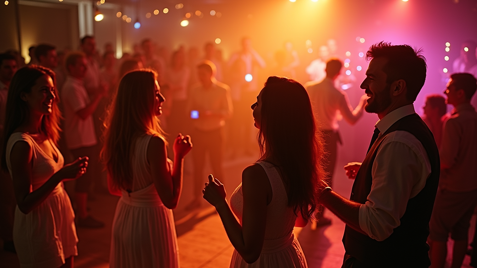 High angle view of a wedding reception with guests enjoying music and dancing