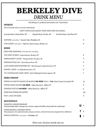 Berkeley Dive Drink Menu