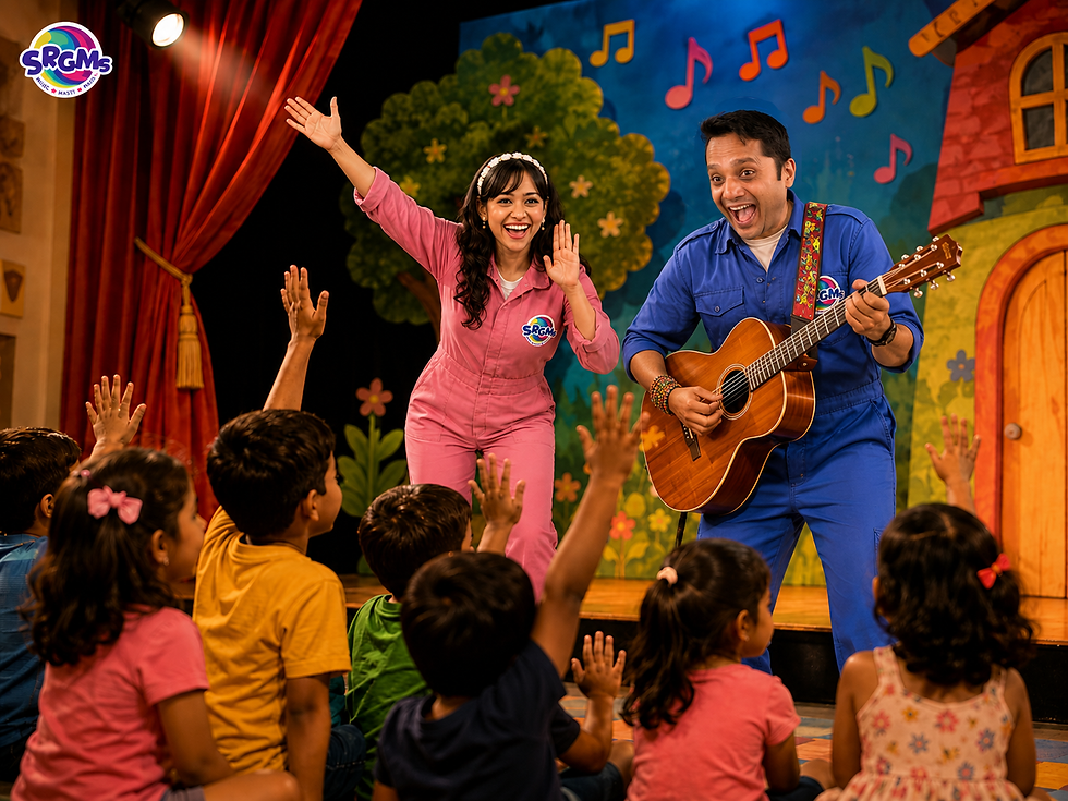 SRGMs performers in colourful pink and blue costumes engaging a group of young children during an interactive live show, with music, a guitar, raised hands and a vibrant theatrical stage backdrop