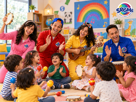 Toddlers engaging in SRGMs group music activities to develop social skills.