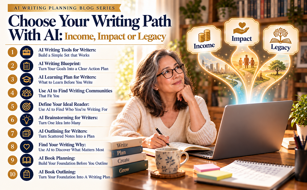 AI writing planning guide featuring a writer exploring three writing paths: income, impact, and legacy, with a 10 part series covering writing tools, goals, learning, communities, ideal readers, brainstorming, outlining, purpose, and book planning.