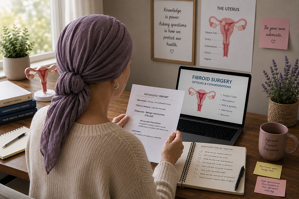 Woman researching fibroid surgery and morcellation before making a medical decision.
