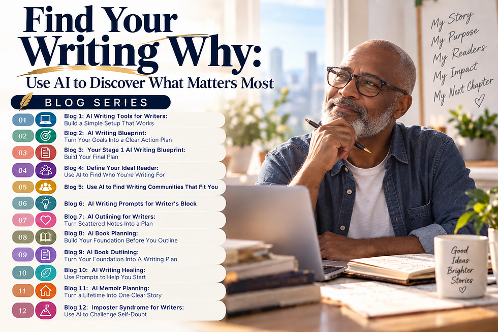Writer sitting at a desk with a laptop and notebook, reflecting on his writing purpose while using AI to clarify his goals, understand his readers, and build a meaningful writing plan.