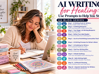 Woman journaling beside a laptop in a calm writing space, using AI writing prompts to explore difficult experiences, organize thoughts, and begin reflective healing through writing.
