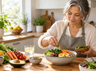 Woman preparing a fresh, colorful salad with vegetables and healthy ingredients in a bright kitchen, illustrating mindful eating and nourishment during healing.