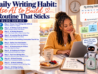 Young woman sitting at a table with a laptop and coffee, using AI to plan a daily writing routine with a habit tracker, notebook, and writing goals.