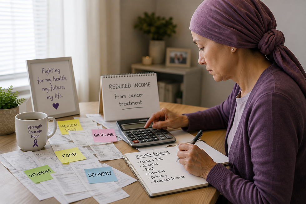 Cancer survivor reviewing medical bills and the financial cost of cancer treatment.