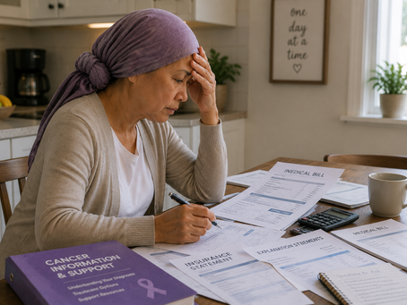 Woman reviewing medical bills, insurance statements, and financial assistance information at a kitchen table.